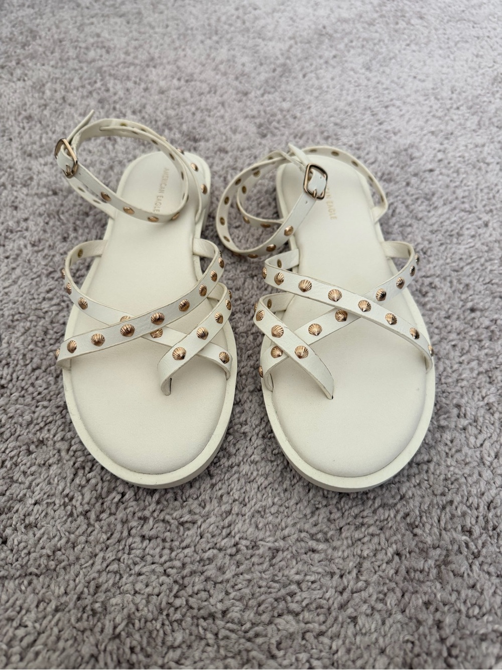 White and Gold Shell Studded Strappy Women's Sandals